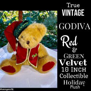 🆕VTG▪️GODIVA▪️90's Red & Green Velvet 10" Collectible Holiday Plush Bear